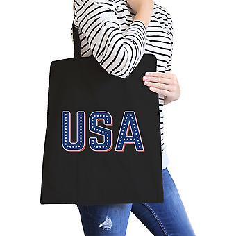 USA With Stars Black Canvas Bag Unique USA Letter Printed Tote Bag